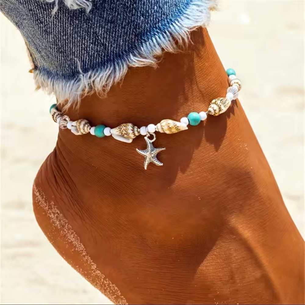 Beaded Shell & Starfish Anklet - Turquoise & White